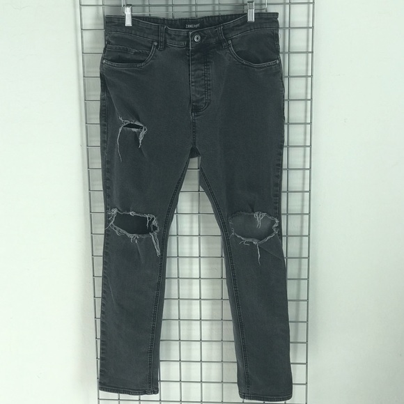Men’s Charcoal Distressed Rips Holes Skinny Jeans - Picture 2 of 8